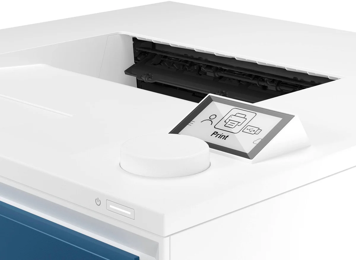 HP Color LaserJet Pro 4201DW close-up of LCD display showing print menu and twist-click dial control