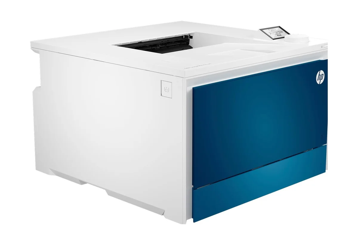 HP Color LaserJet Pro 4201DW printer 3/4 angle view showing blue front panel and output tray
