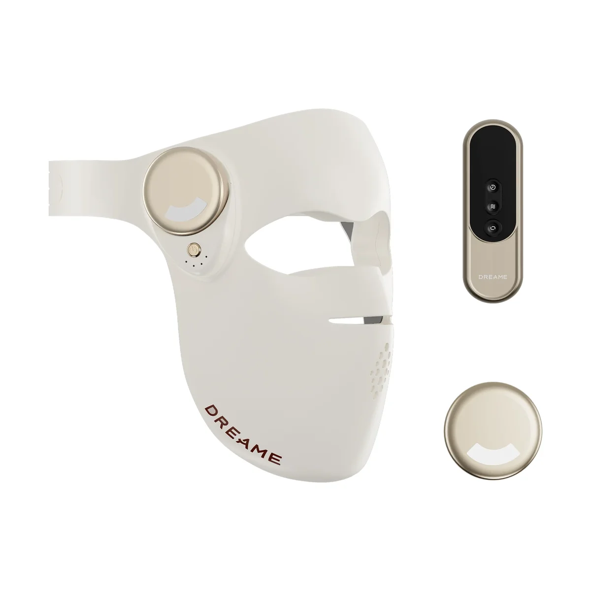 Dreame Chrona LED Light Therapy Mask in white with gold battery pod, shown with its handheld remote controller and a spare magnetic battery on a white background