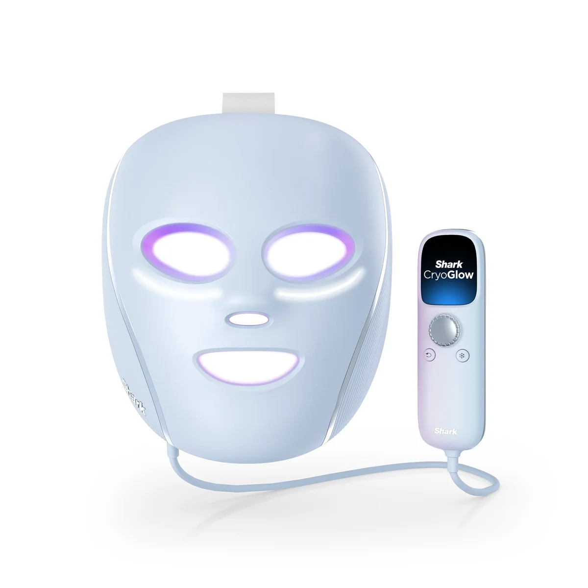 Shark CryoGlow LED Face Mask in Blue Frost, front view with LEDs glowing through the eye and mouth openings, next to its handheld remote on a white background