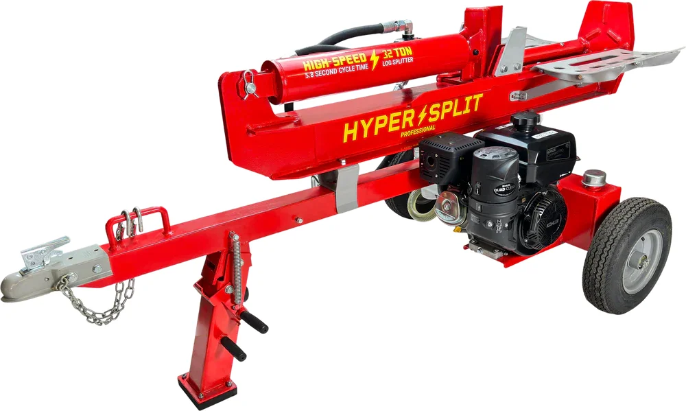 HyperSplit 32-Ton log splitter full side view showing beam, engine, and trailer hitch