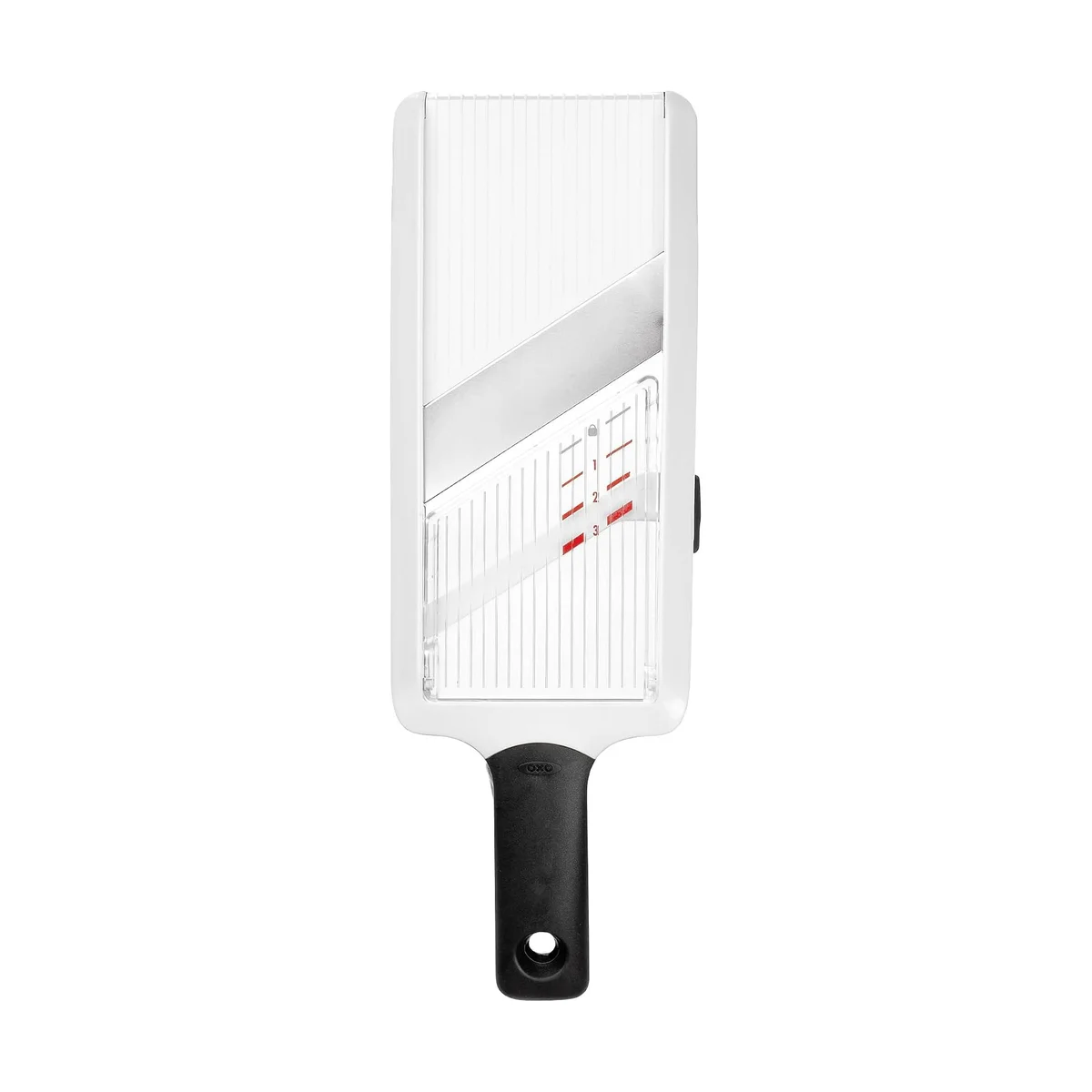 OXO Good Grips Hand-Held Mandoline Slicer top-down view of the clear window, angled blade and red 1-2-3 thickness setting markings