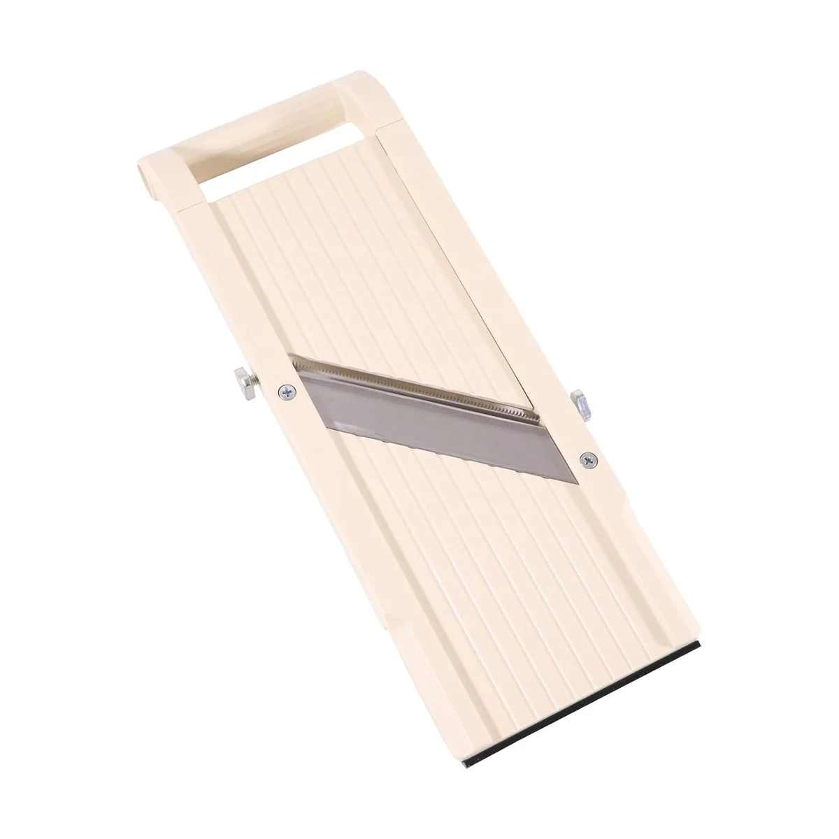 Super Benriner No. 95 mandoline slicer in beige, full-length angled view showing the wide ribbed deck, diagonal stainless blade with julienne insert, and side blade-tightening screws