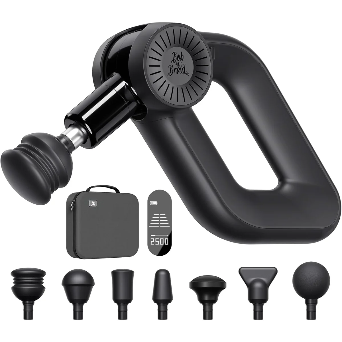 Bob & Brad D6 Pro massage gun with attachment heads and OLED display readout