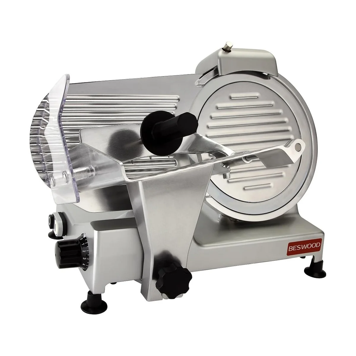Beswood 10-Inch Premium Electric Deli Meat Slicer (BESWOOD250) three-quarter front view on white, showing the 10-inch chromium-plated blade, food carriage with pusher, top-mounted sharpener and thickness dial