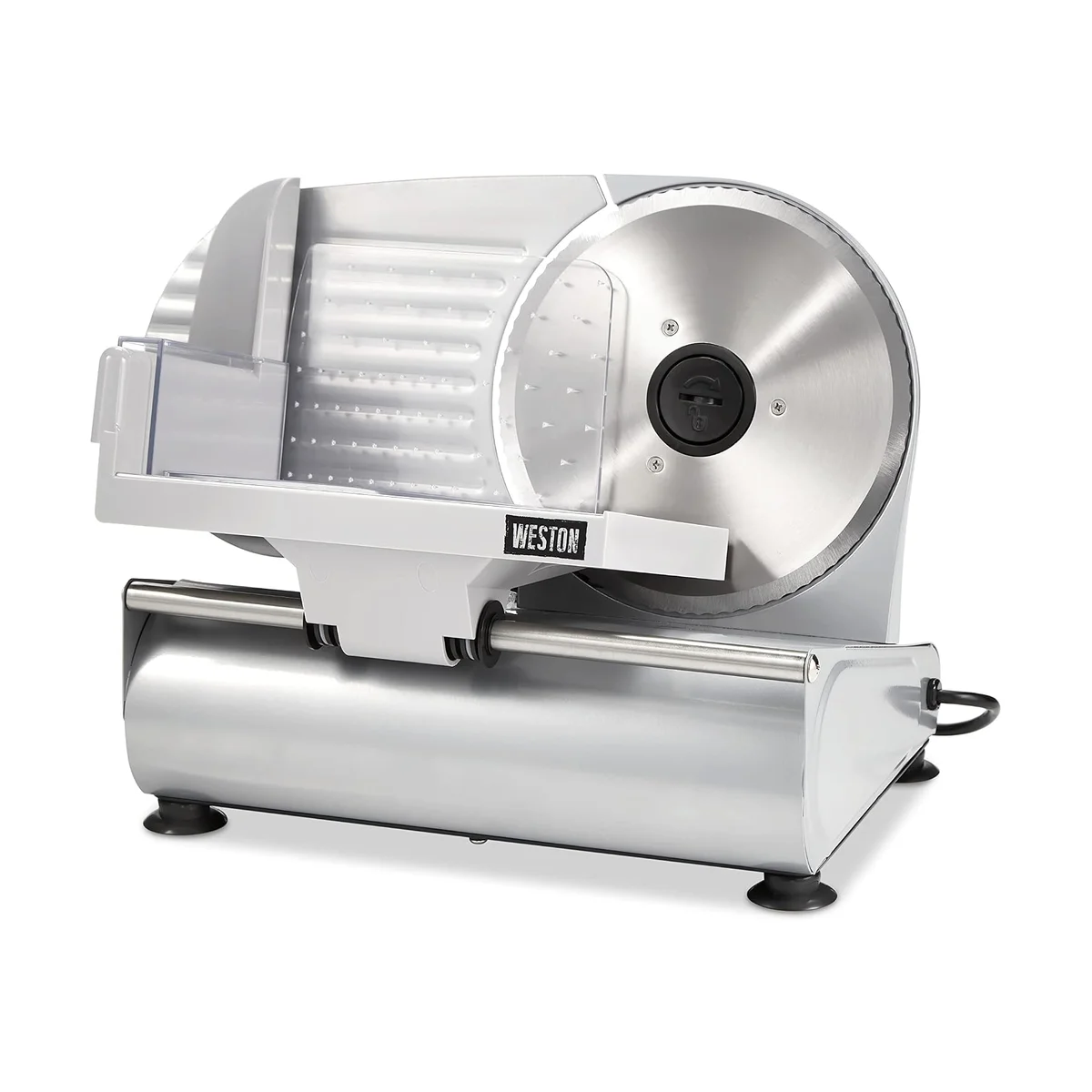 Weston 9-Inch Meat Slicer 61-0901-W from a lower three-quarter angle with the food pusher pulled back to show the ridged food tray, cord exit and suction feet