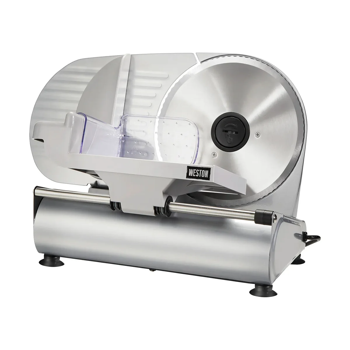 Weston 9-Inch Electric Meat Slicer 61-0901-W three-quarter front view showing the 9-inch serrated stainless blade, clear toothed food pusher, sliding carriage and suction feet