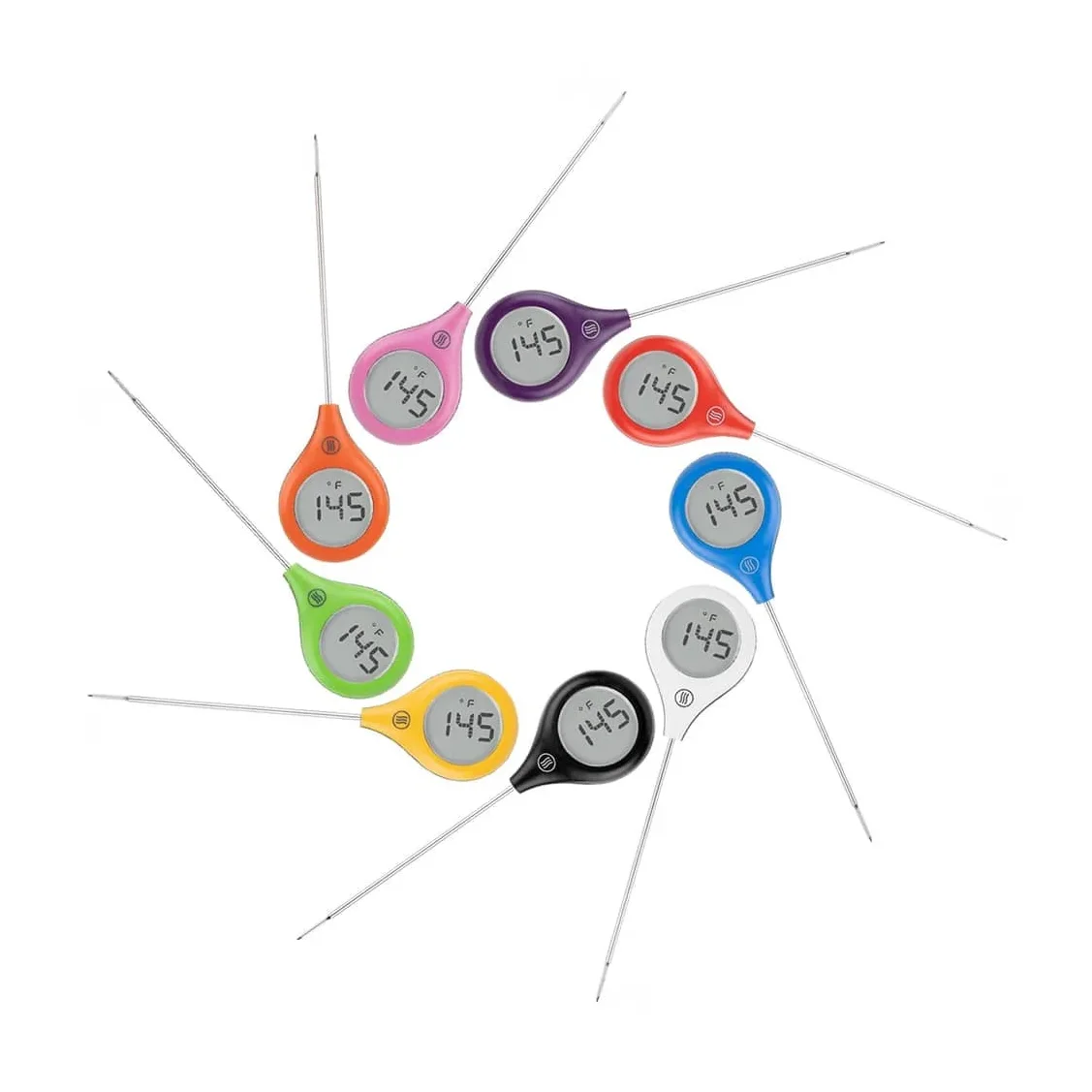 ThermoWorks ThermoPop 2 shown in ten color options arranged in a circle, on white