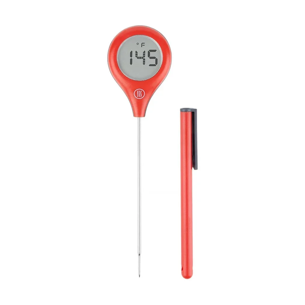 ThermoWorks ThermoPop 2 in red, front view showing round display and probe with cap, on white