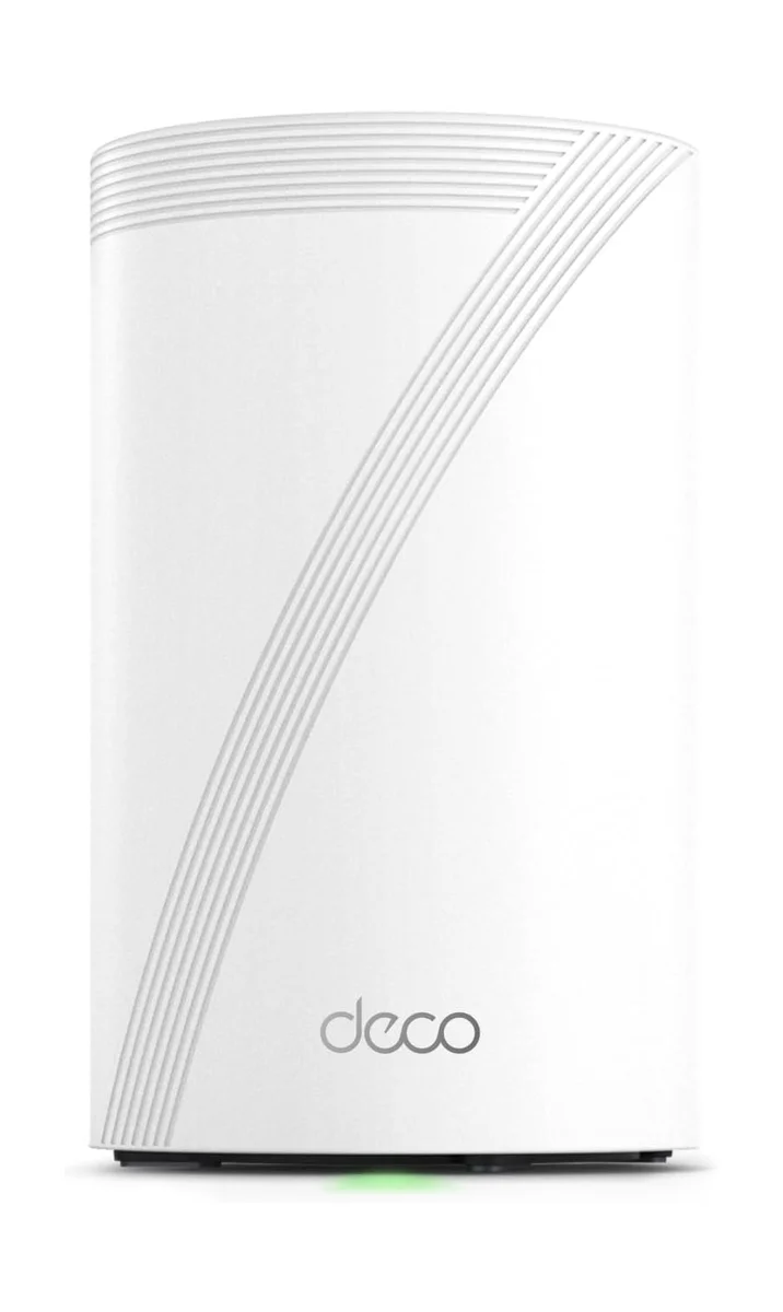 TP-Link Deco BE63 single unit front view with green LED indicator