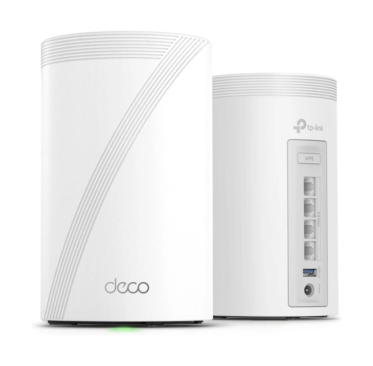 TP-Link Deco BE63 front and back showing design and 2.5G port panel