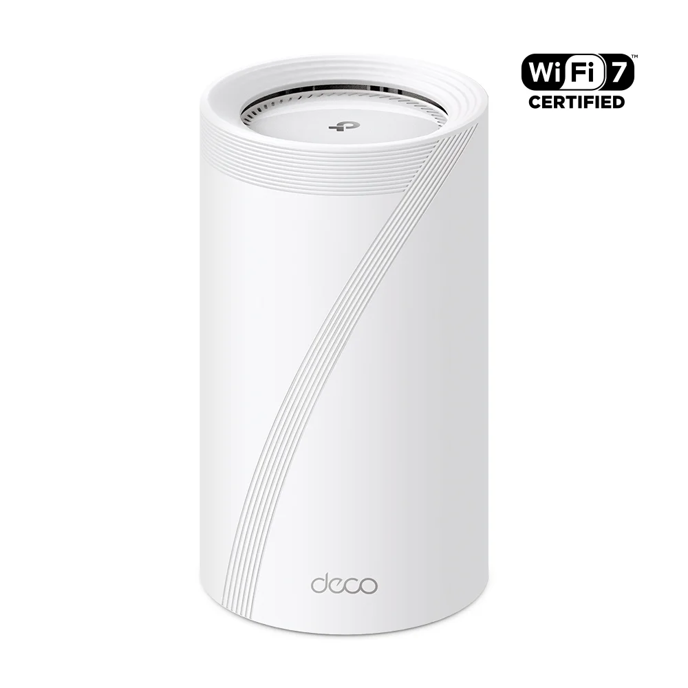 TP-Link Deco BE85 single unit with Wi-Fi 7 Certified badge