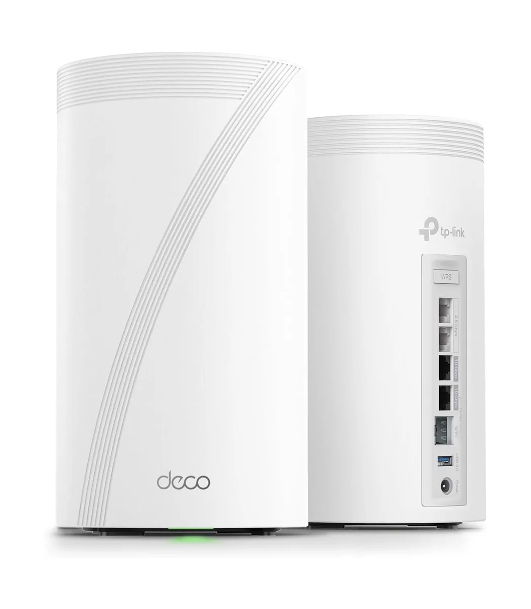 TP-Link Deco BE85 front and back showing 10G ports, SFP+, and USB 3.0