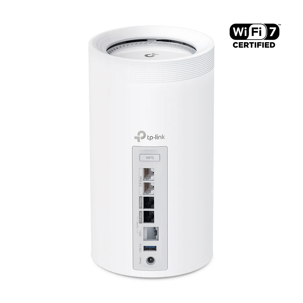 TP-Link Deco BE85 rear port panel with 10G Ethernet, SFP+, 2.5G, and USB ports