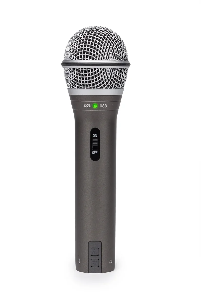 Samson Q2U microphone front view showing ON/OFF switch and USB indicator