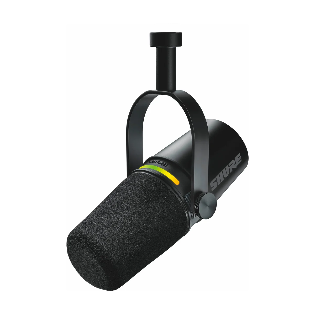 Shure MV7+ microphone 3/4 angle on white background highlighting the foam windscreen and gain knob