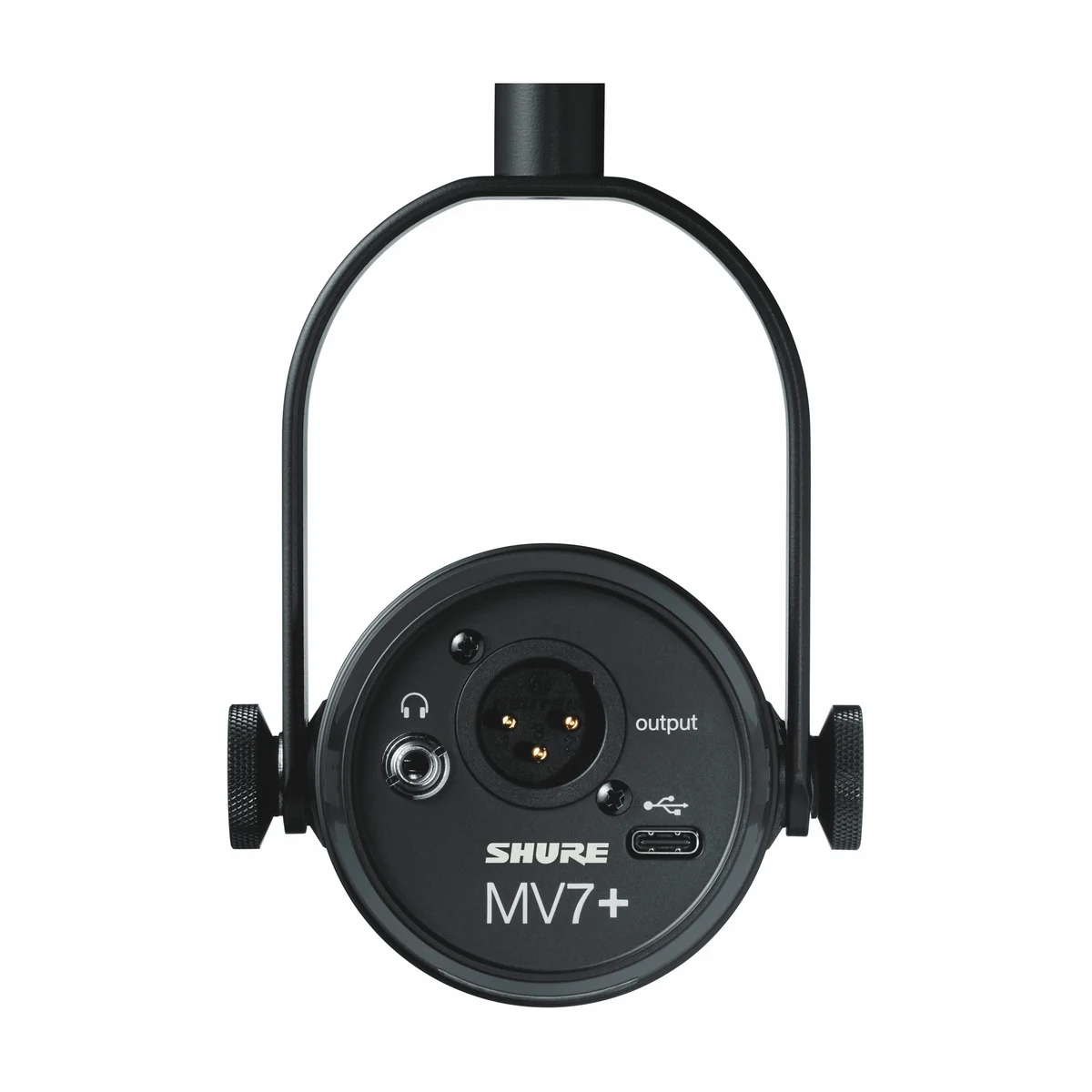 Shure MV7+ rear panel showing XLR output, USB-C port, and headphone monitoring jack