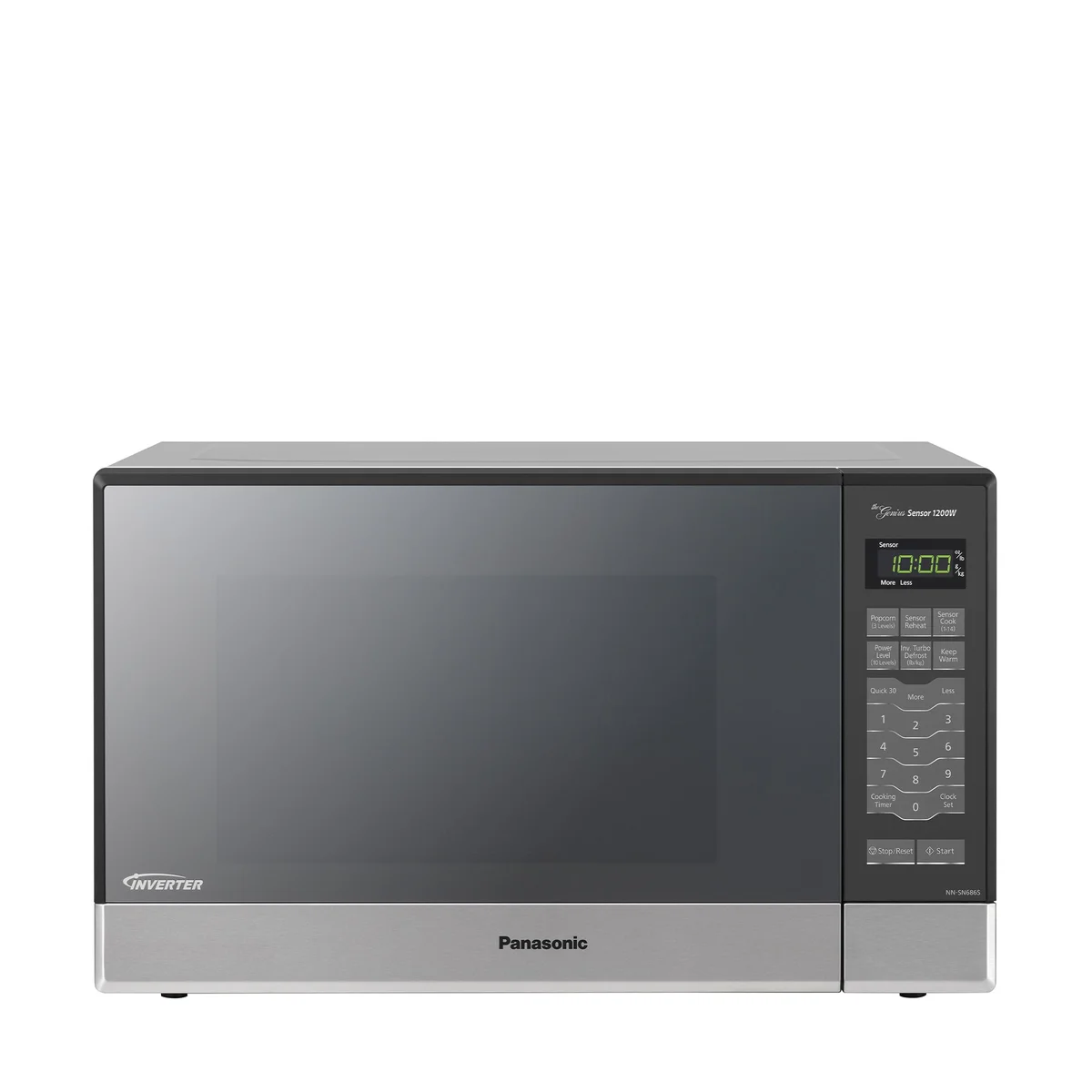 Panasonic NN-SN686S inverter microwave front view on white background showing full unit with stainless steel trim