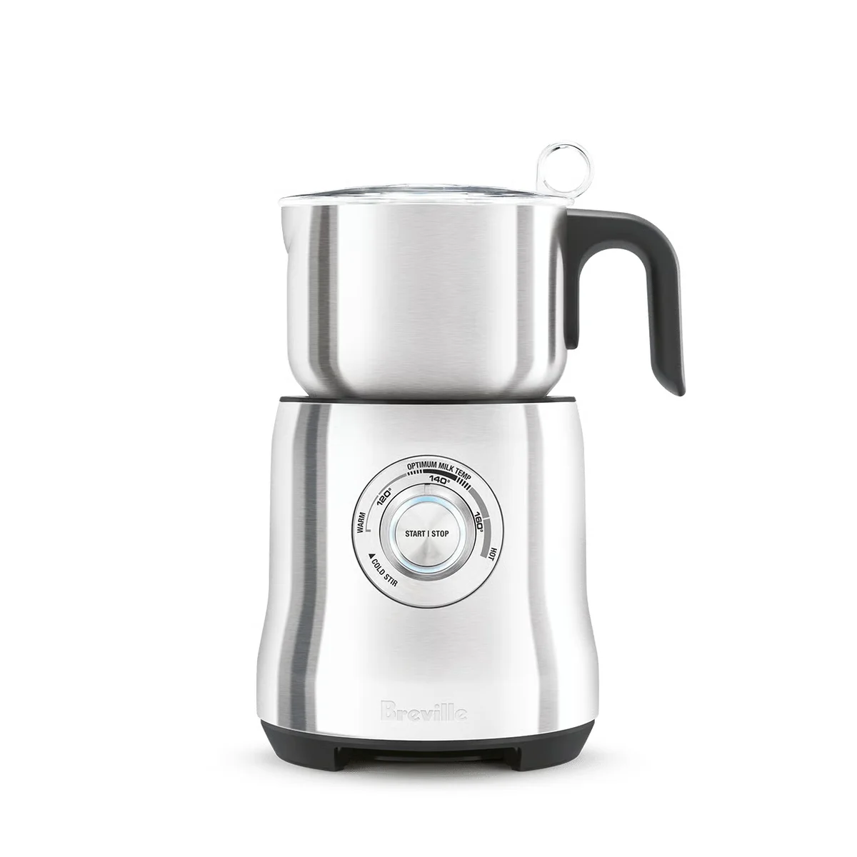 Breville the Milk Café BMF600XL stainless steel milk frother with pitcher, temperature dial, and Start/Stop button on a white background