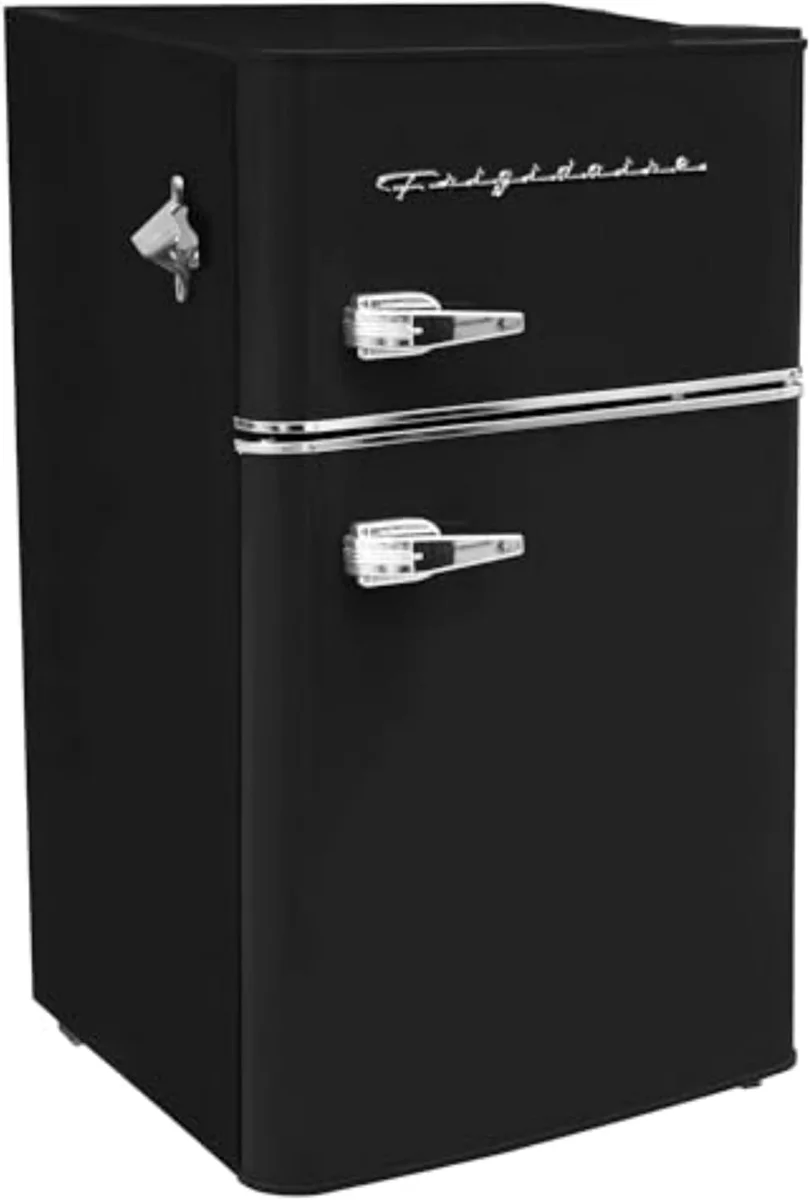 Frigidaire EFR840 black retro mini fridge, angled front view showing the chrome Frigidaire script logo, top freezer door, and bottom fridge door with chrome handles