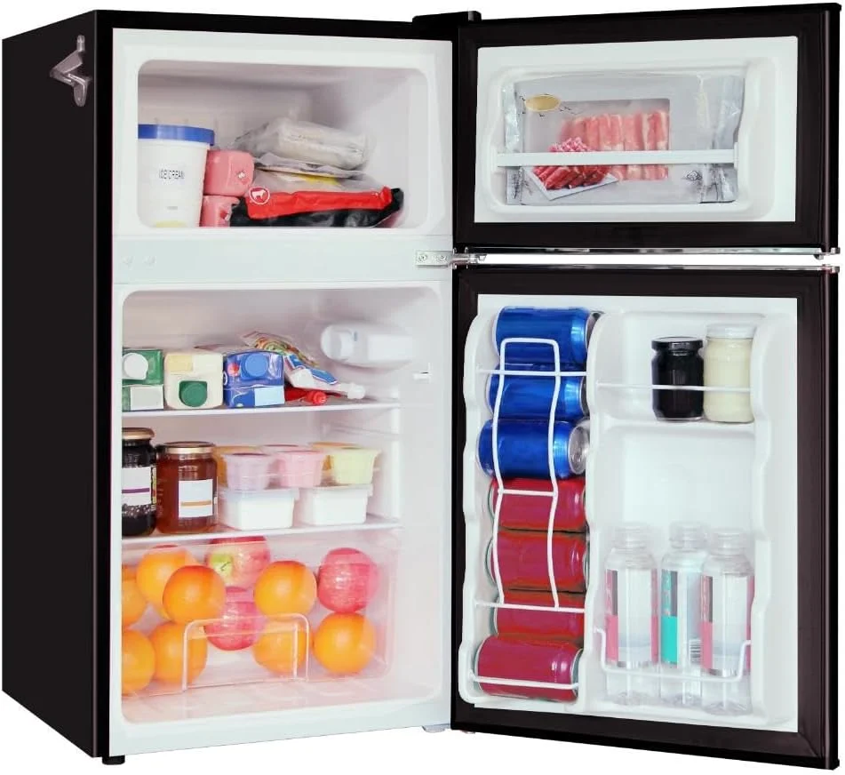Frigidaire EFR840 mini fridge interior with both doors open, showing the separate top freezer compartment and bottom fridge shelves stocked with food and drinks