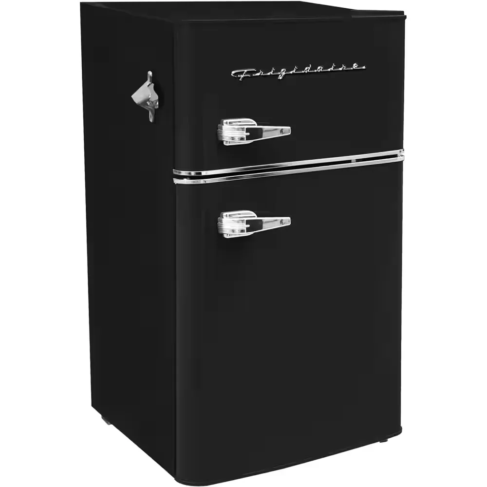 Frigidaire EFR840 retro 2-door mini fridge in black, three-quarter view showing the chrome side bottle opener and dual chrome door handles