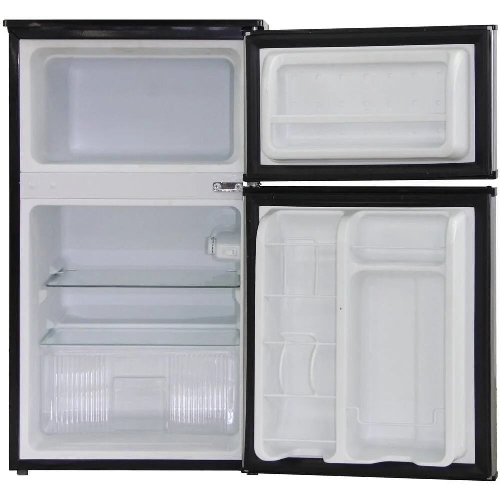 Midea WHD-113FB1 with both doors open, showing the empty separate freezer compartment on top and the fridge section with glass shelves and door bins below