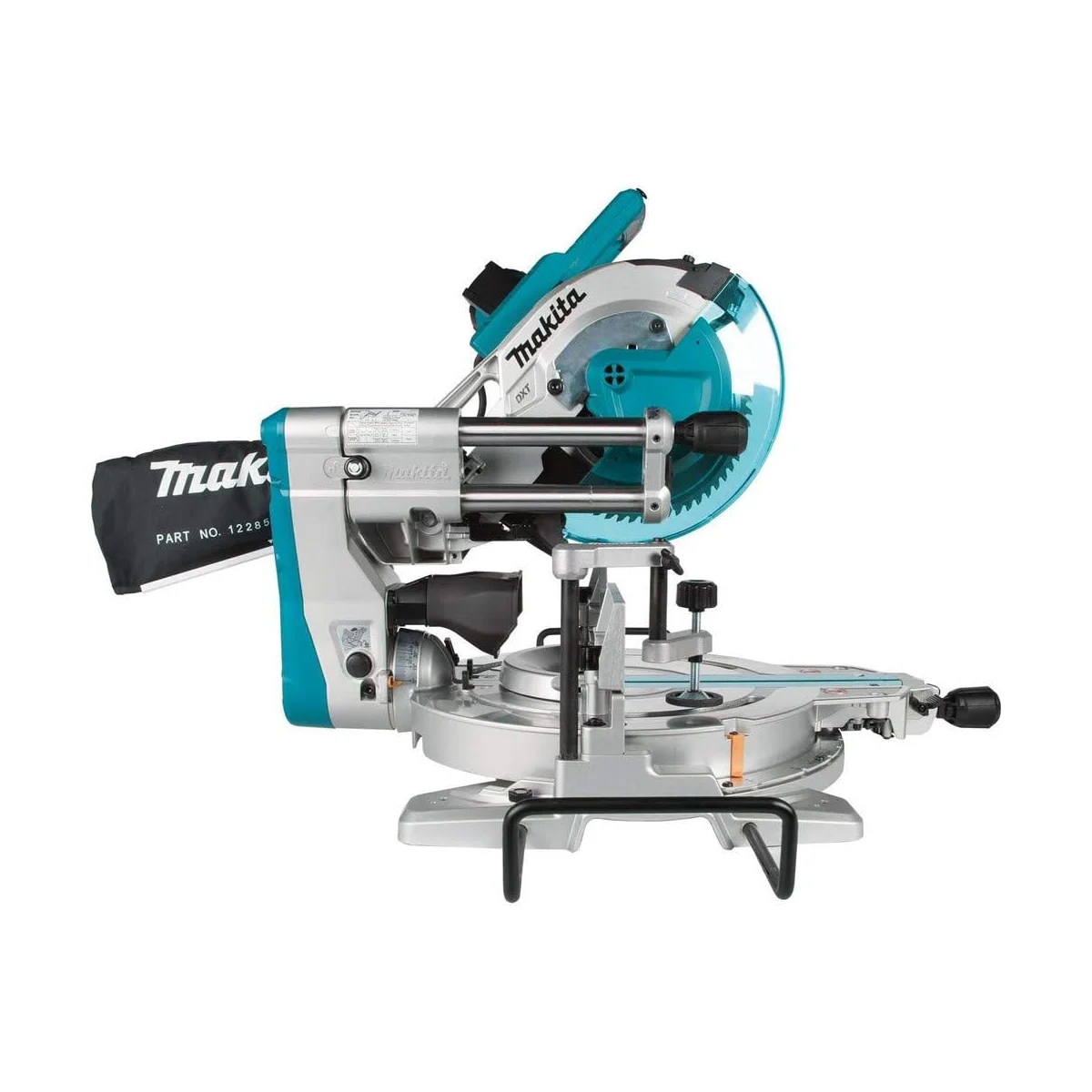 Makita LS1019L miter saw alternate 3/4 angle showing dust collection bag and sliding rails