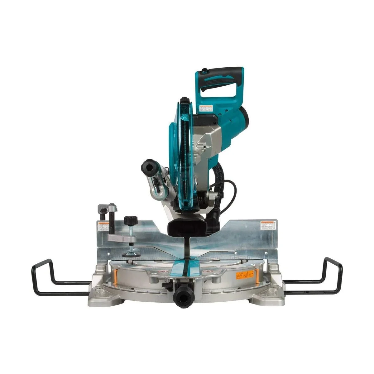 Makita LS1019L miter saw direct front view showing table, laser guide, and miter scale