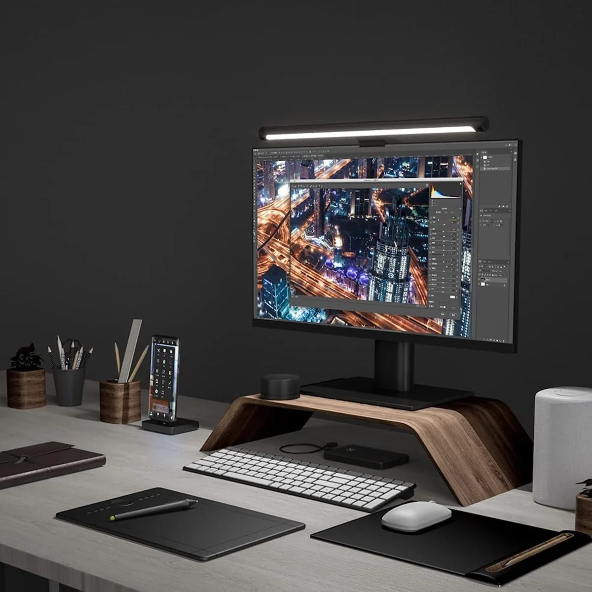 Xiaomi Mi Computer Light Bar mounted on monitor illuminating a dark home office desk setup