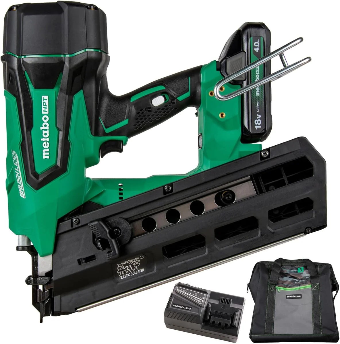 Metabo HPT NR1890DRA framing nailer front angle view with 18V battery, belt hook, charger, and carrying bag