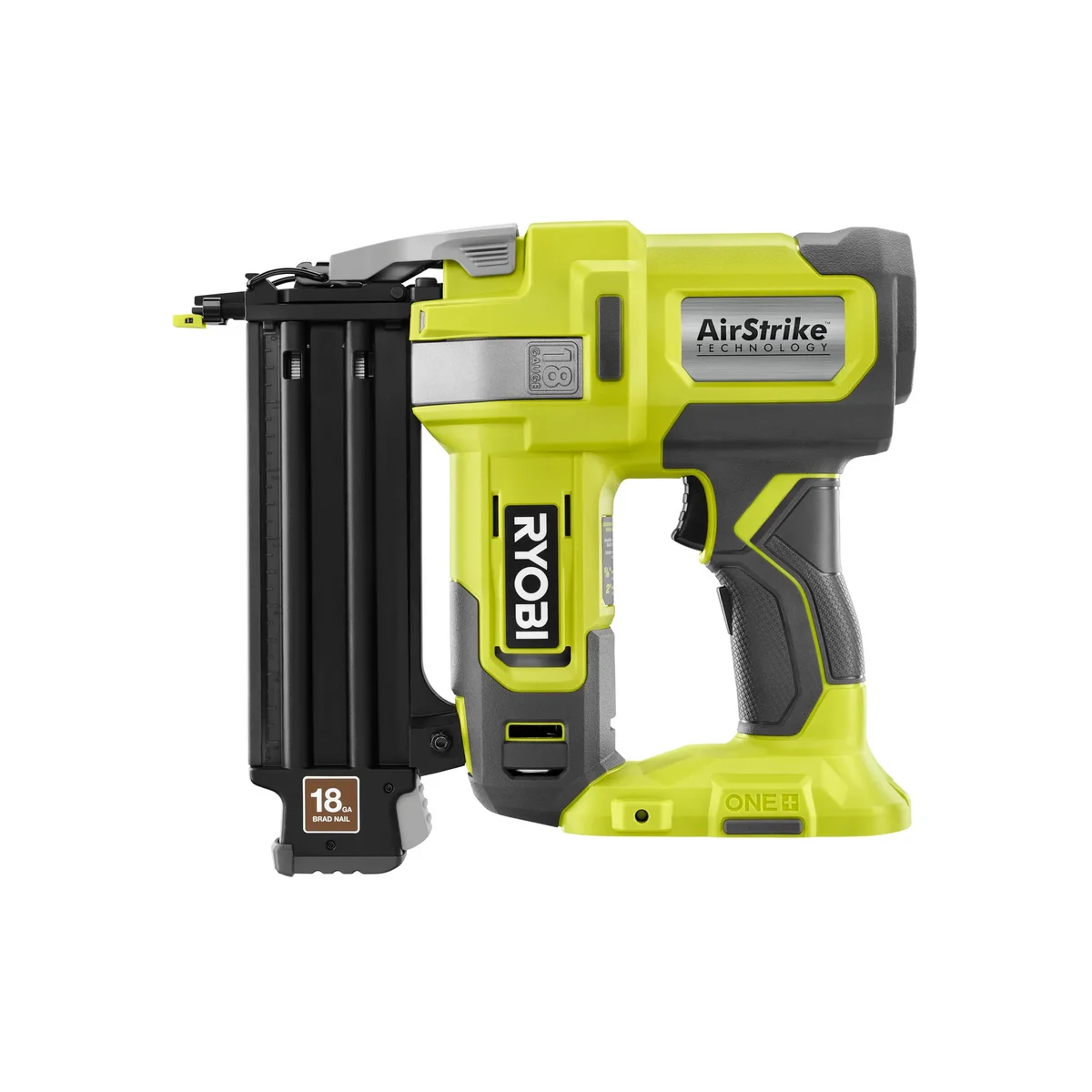 Ryobi ONE+ P321 AirStrike brad nailer front-left angle on white background showing nose and magazine