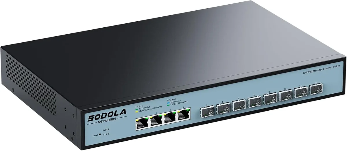 Sedola 12-Port 10GbE Switch shown at a 3/4 angle on a white background, with eight SFP+ ports and four 10GBASE-T ports visible on the front panel
