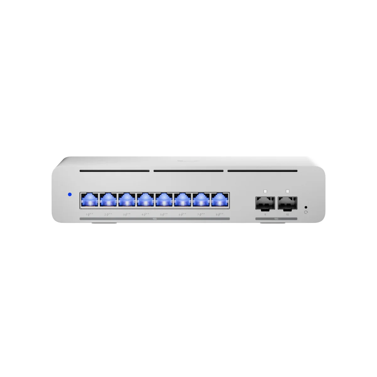 Ubiquiti UniFi Pro XG 8 PoE front view close-up of the eight 10G RJ45 PoE++ ports and two SFP+ ports lit blue