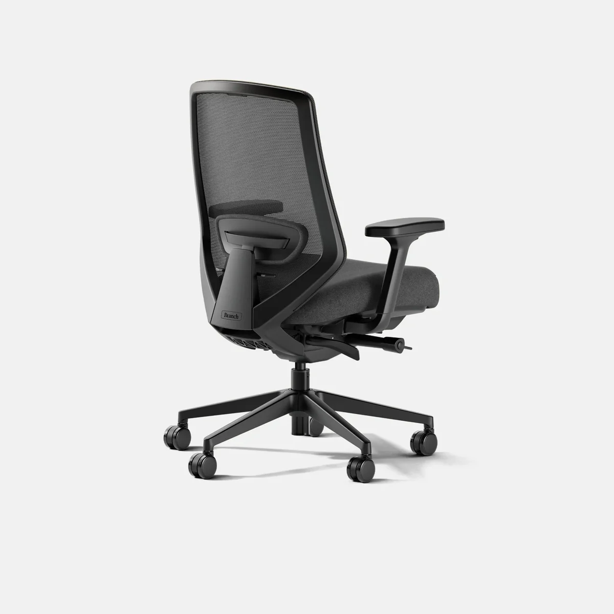 Branch Ergonomic Chair Pro rear three-quarter view showing the separate lumbar pad mounted on the mesh back and the recline mechanism