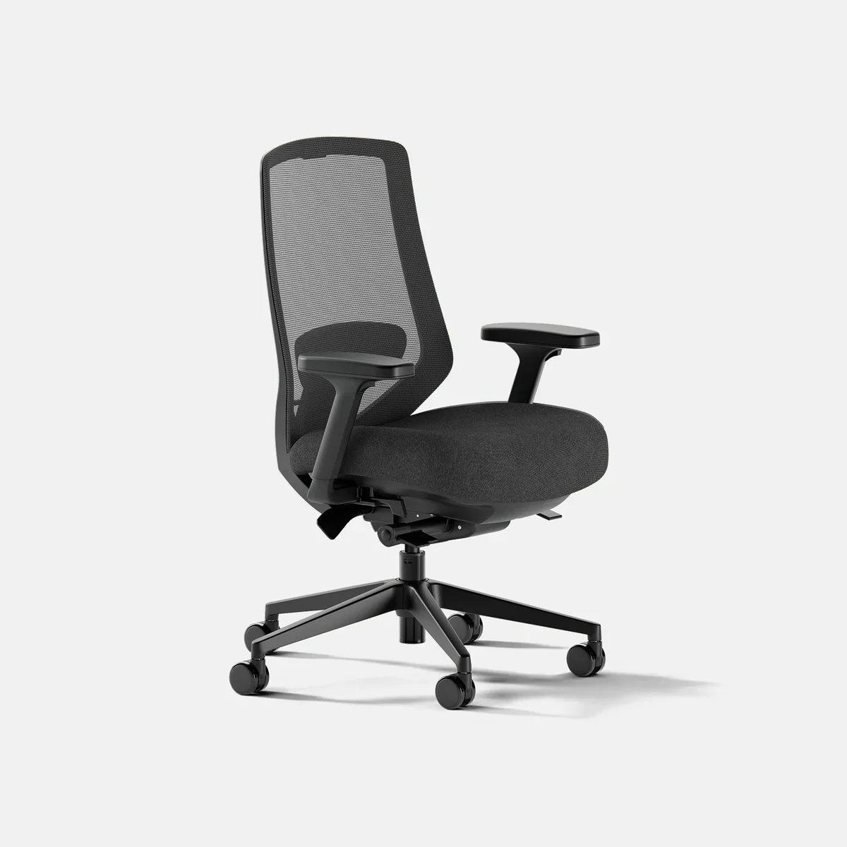 Branch Ergonomic Chair Pro in black mesh, front three-quarter view showing the adjustable lumbar pad, 5D armrests and five-star base