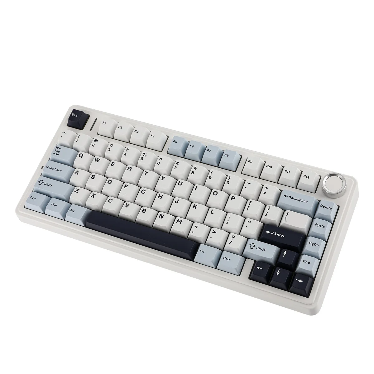 Aula F75 three-quarter angle showing keycap profile and volume knob