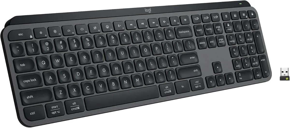 Logitech MX Keys S graphite 3/4 angle view with Logi Bolt USB receiver