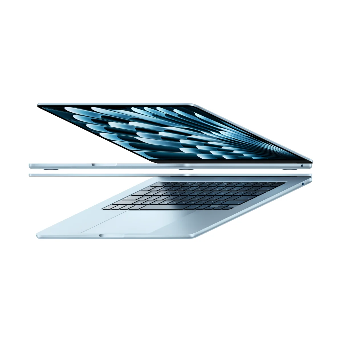 Apple MacBook Air (M5) in Sky Blue, one half-open from the front showing the display and one mirrored below showing the keyboard, trackpad and thin profile