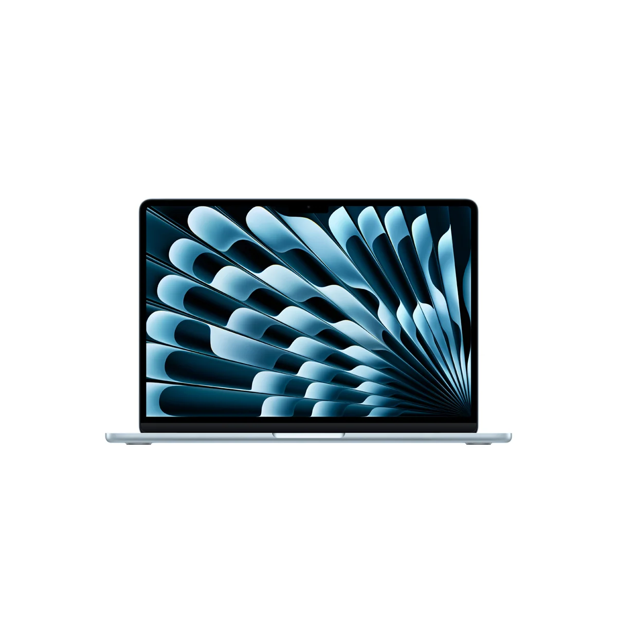 Apple MacBook Air 13-inch (M5) in Sky Blue, front view with the lid open and the Liquid Retina display lit