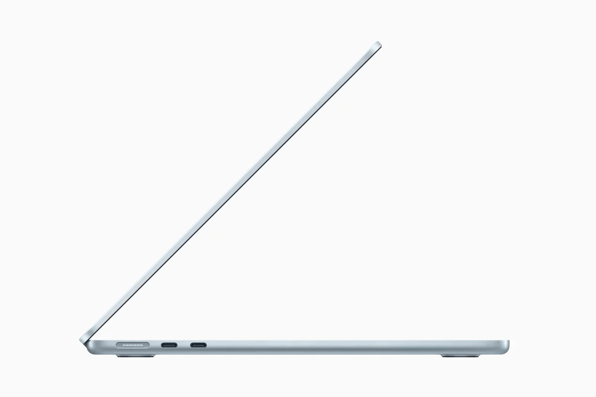 MacBook Air M4 side profile showing ultra-thin design with USB-C and MagSafe ports