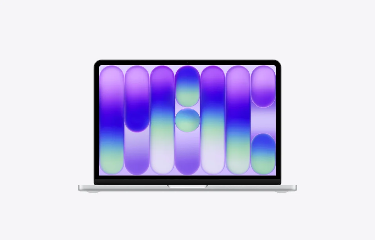 Apple MacBook Neo in Silver, open-lid front view showing the evenly bezeled display with no notch
