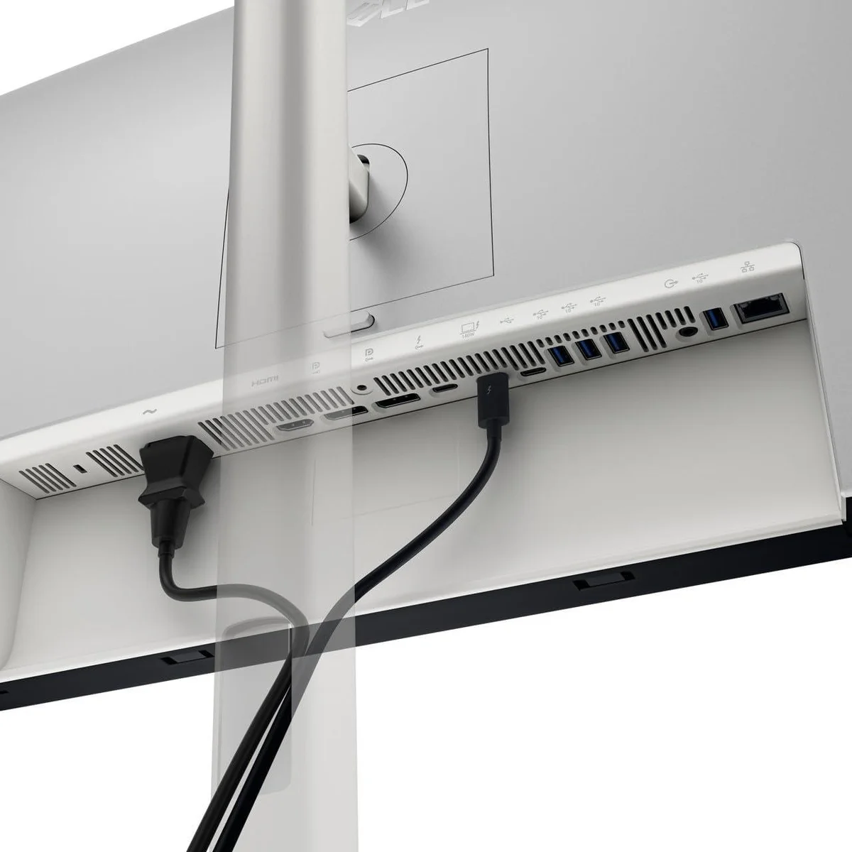 Dell U2725QE rear port panel showing Thunderbolt 4, DisplayPort, HDMI, USB-A, and ethernet connections