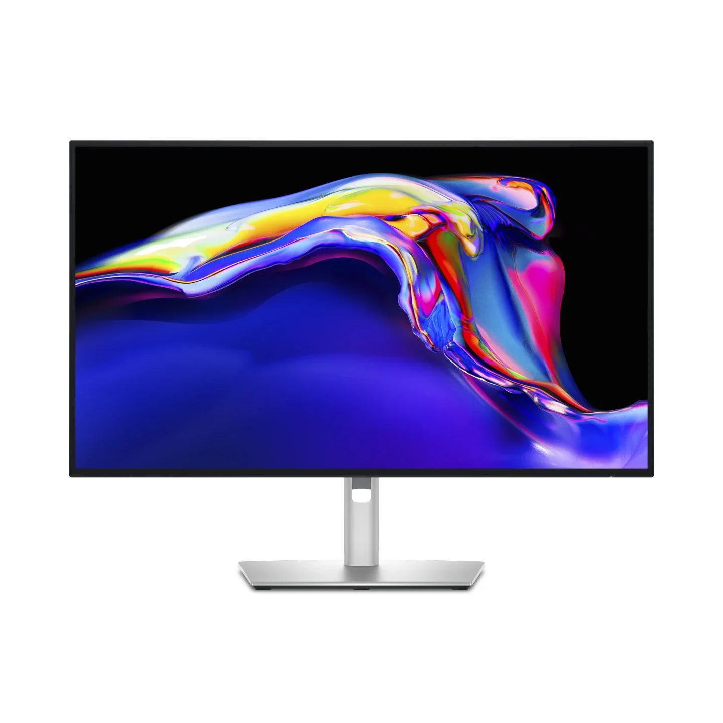 Dell U2725QE front view showing thin bezels, silver stand, and 4K IPS Black display