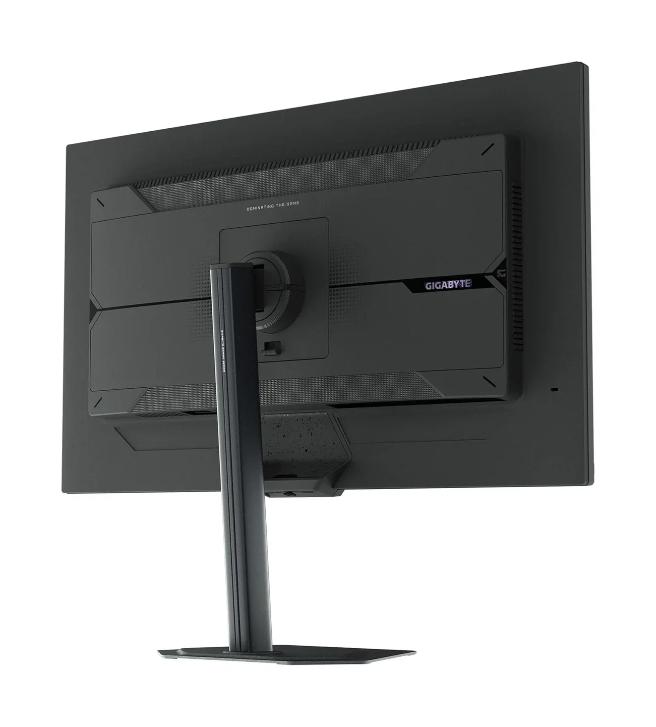 Gigabyte M27UP rear 3/4 angle showing back panel design, VESA mount area, and cable management