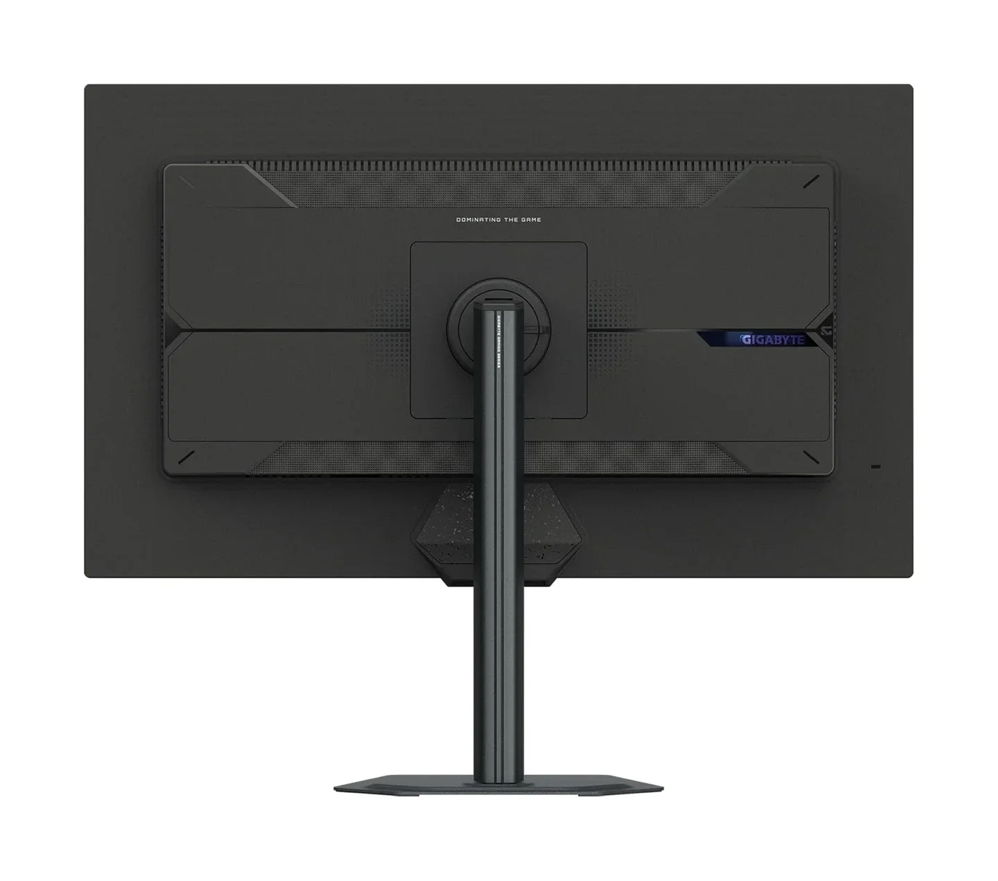 Gigabyte M27UP rear view showing full back panel with VESA mount, stand attachment, and illuminated Gigabyte logo