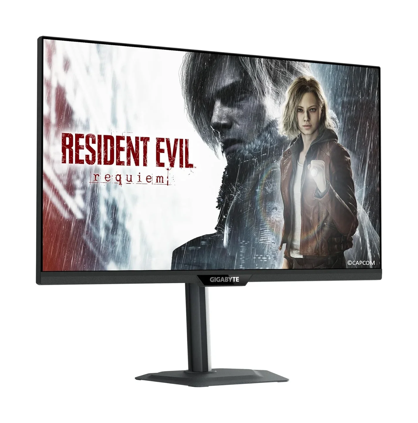 Gigabyte M27UP front 3/4 view showing 27-inch 4K display with thin bezels and adjustable stand