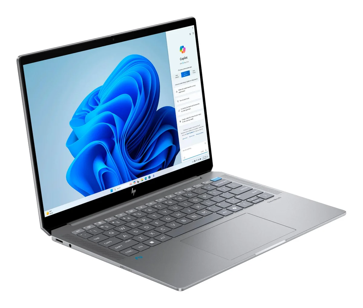 HP OmniBook Ultra 14-inch laptop, 3/4 angle view showing keyboard deck, trackpad, and Copilot key