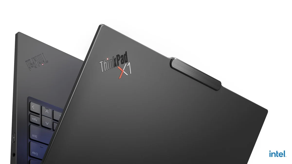 Lenovo ThinkPad X1 Carbon Gen 13 close-up of lid hinge and ThinkPad X1 badge detail