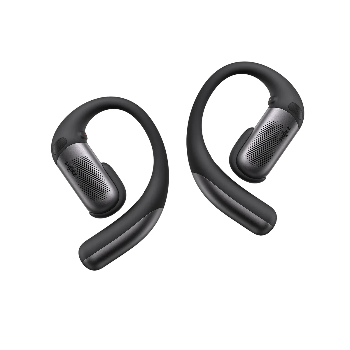 Shokz OpenFit Pro earbuds at an angle showing rubberized titanium ear-hooks